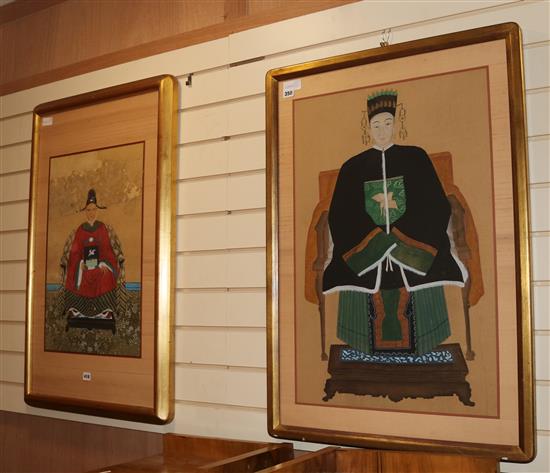 Two Chinese watercolours on silk, Mandarin ancestors portraits, 73 x 48cm and 60 x 40cm
